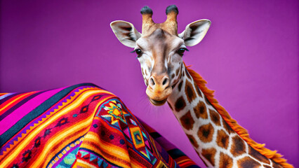 Close up portrait of a curious giraffe with a colorful patterned blanket draped over its body isolated on transparent background