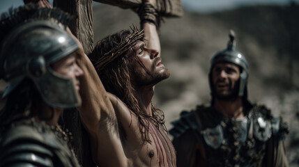 Romans making fun of Jesus Christ on the cross before his death and resurrection