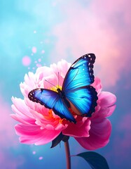 Vibrant butterfly on a pink peony