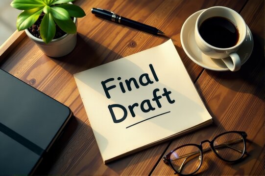 A workspace featuring a Final Draft note, coffee cup, glasses, and a notebook on a wooden table.
