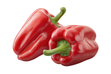 Two fresh red bell peppers with green stems on black background, cut out