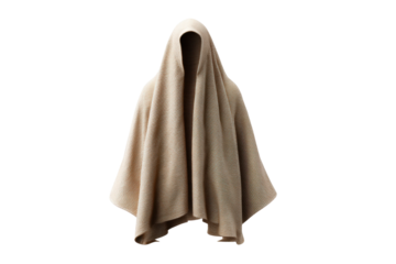 Faceless figure draped in striped beige blanket against black background, cut out