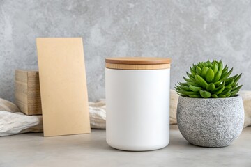 A white canister with a wooden lid sits on a textured surface next to a succulent plant and a beige card