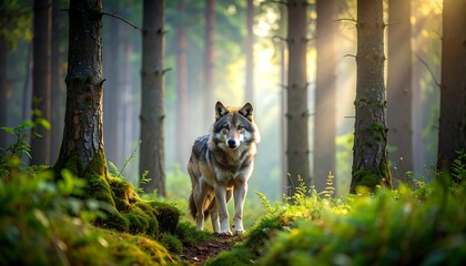 Majestic wolf in sunlit forest