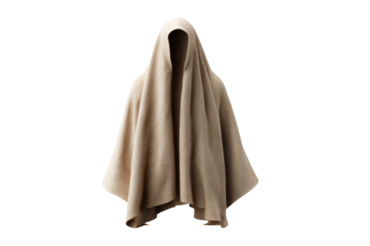 Faceless figure draped in striped beige blanket against black background, cut out