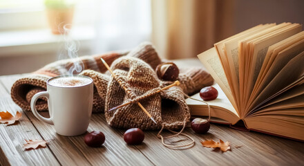 cozy autumn scene with coffee, knitting, and a book