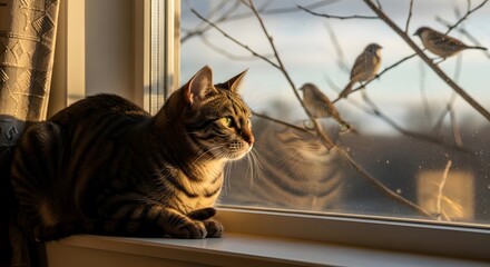 Tabby cat observing small birds perched on tree branches outside a sunlit window