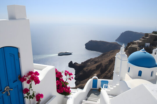 Serene Coastal Village with Whitewashed Buildings and Blue Domes Overlooking the Azure Sea