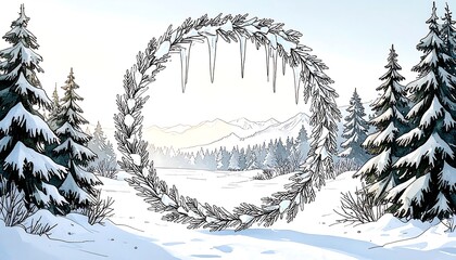 Winter wonderland scene with icy wreath