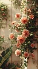 A bunch of flowers growing on the side of a building