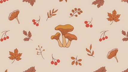 Warm autumn foliage illustration with mushrooms, berries and branches, seasonal nature artwork for digital use, packaging, cards or printable decor