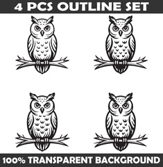 Set of Owl Outline vector illustration isolated On Transparent Background