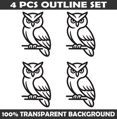 Fototapeta premium Set of Owl Outline vector illustration isolated On Transparent Background