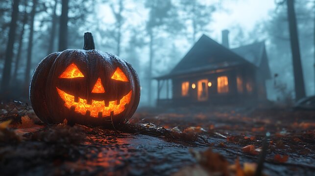 Spooky jack o lantern in a misty forest with a haunted house isolated on white background