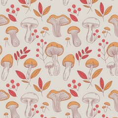 Warm autumn foliage illustration with mushrooms, berries and branches, seasonal nature artwork for digital use, packaging, cards or printable decor