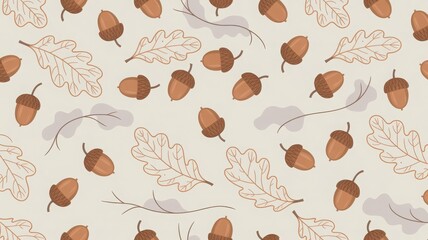 Warm autumn nature illustration with acorns, oak leaves and branches, symmetrical fall composition on light background, printable seasonal artwork for cards or decor