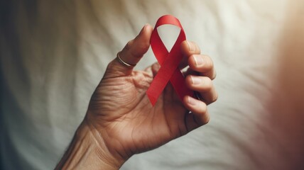 A hand holding a red ribbon symbolizing December World AIDS Day (Acquired Immune Deficiency Syndrome), Multiple Myeloma Cancer Awareness Month. World aids day and aging awareness month