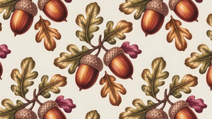 Stylized fall illustration with acorns and oak leaves in orange, brown and green tones, warm seasonal artwork for packaging, greeting cards or printable wall art
