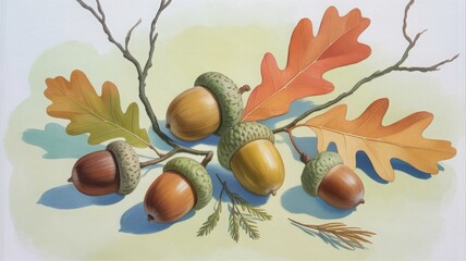Realistic autumn illustration with acorns, pine cones, and colorful fall leaves in red, orange, yellow, and green. Natural composition for seasonal decor, packaging, or editorial use.