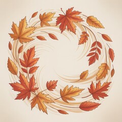 Stylized autumn composition with swirling leaves and branches in warm colors on beige background. Cozy fall illustration for print, stationery or digital use.