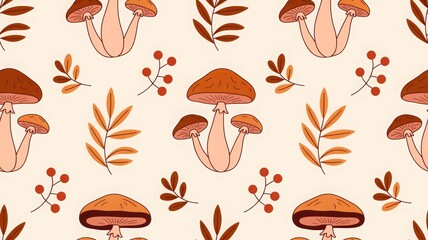 Fall botanical composition with mushrooms, red berries, colorful leaves and twigs, soft beige background, cozy autumn illustration for printable wall art or stationery