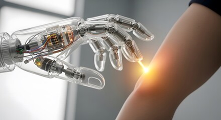 Transparent robotic arm interacting with a human arm, showcasing digital technology and connection.