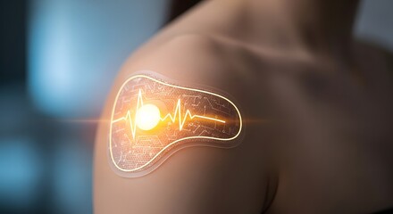 Close-up of a person's shoulder with a futuristic glowing wearable health monitoring device displaying a heartbeat graph.