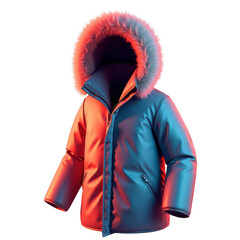 A stylish, modern parka, highlighted by vibrant red and blue lighting, is presented against a black backdrop.