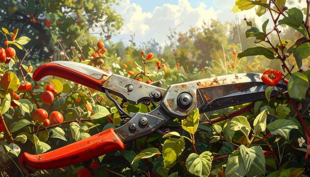 Rustic garden shears in vibrant foliage