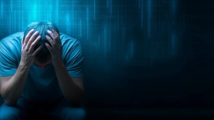 Male professional in blue shirt demonstrates mental exhaustion, head in hands against blurred technological background, symbolizing psychological strain of modern digital workplace