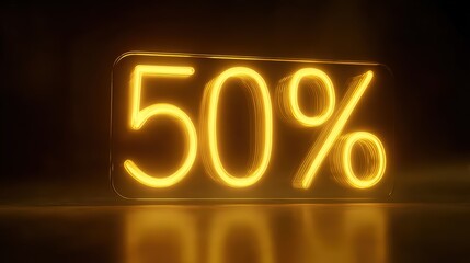 Glowing Neon Fifty Percent Sign Gold Yellow Light isolated on a transparent background