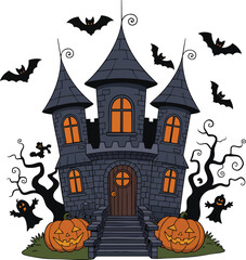 Spooky Halloween Haunted Castle Illustration with Ghosts, Bats, and Pumpkins and full moon with ghost,horror night background.Vector illustration, 