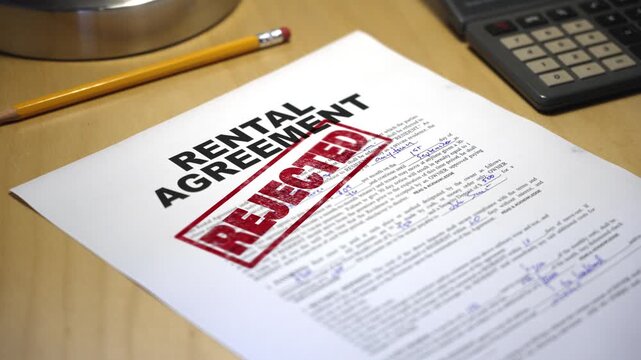 Close-up of a rental agreement document stamped with the word &ldquo;REJECTED&rdquo; in bold red letters, symbolizing denied housing applications, lease issues, or financial struggles. 14840  	