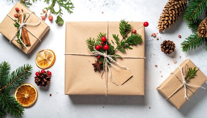 Festive wrapped gifts and Christmas decorations