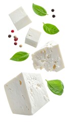 Feta cheese cubes with basil and peppercorns