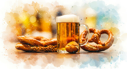 Beer mug with pretzels and nuts on a colorful blurred background  