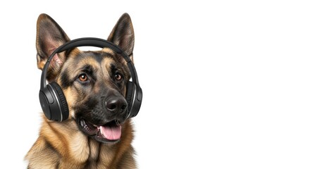 Obraz premium dog wearing headphones, listening to music, on a solid white background
