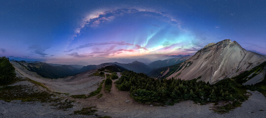 Starlit Mountain Panorama With Aurora Borealis Over British Columbia, Canada