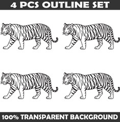 Obraz premium Set of Tiger Outline vector illustration isolated On Transparent Background