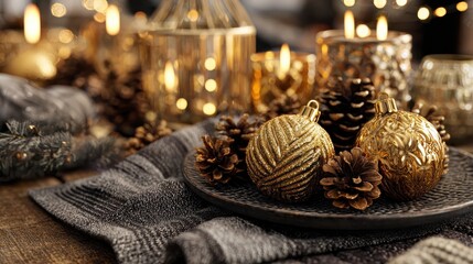 cozy holiday decor with golden ornaments