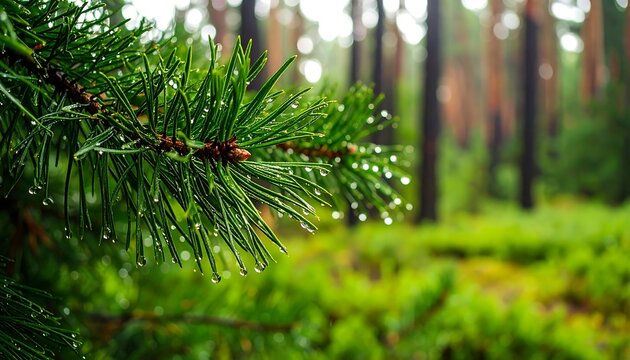 Close-up of a pine branch with raindrops