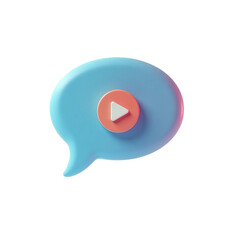 A stylized, 3D rendered play icon, set inside a light blue speech bubble, is presented against a solid black background.
