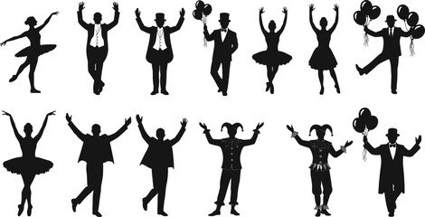 Performance artist silhouettes. A set of theatrical performers, including ballet dancers, circus clowns, and men in top hats, vector illustration
