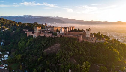 Fototapeta premium Majestic Alhambra Fortress at Sunrise, Granada, Spain with Mountain View