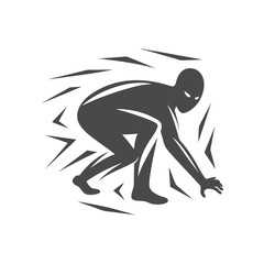 Silhouette figure leans low, ready to leap with dark lines emphasizing speed and motion