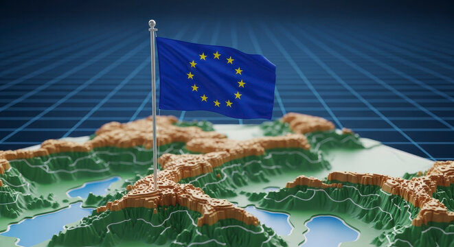 European Union Flag Flying Over a Stylized Map with Mountains and Water