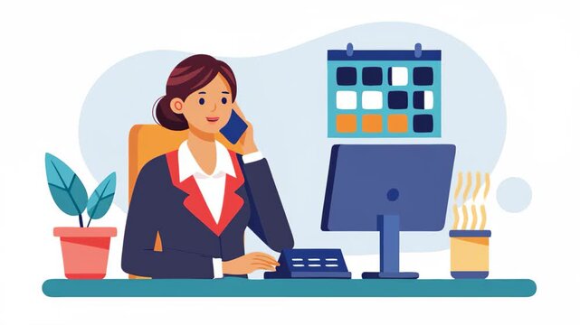 Business woman working at her office desk, talking on the phone while managing tasks flat 2d animation