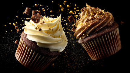 Two fresh baked chocolate muffins with crumbs flying on black background. Sweet dark cupcake falling with vanilla frosting mid-air falls. Crumbs and chocolate shards fly with golden sprinkles.