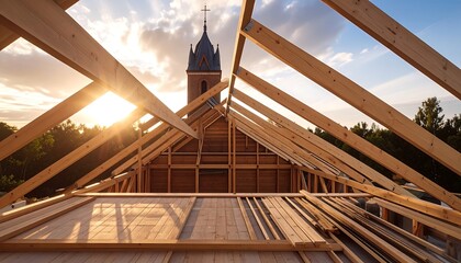 Construction of a church roof at sunset