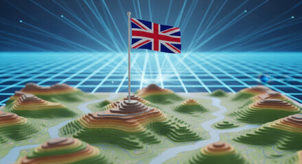 Digital Landscape of the United Kingdom Flag Flying High in a Futuristic World